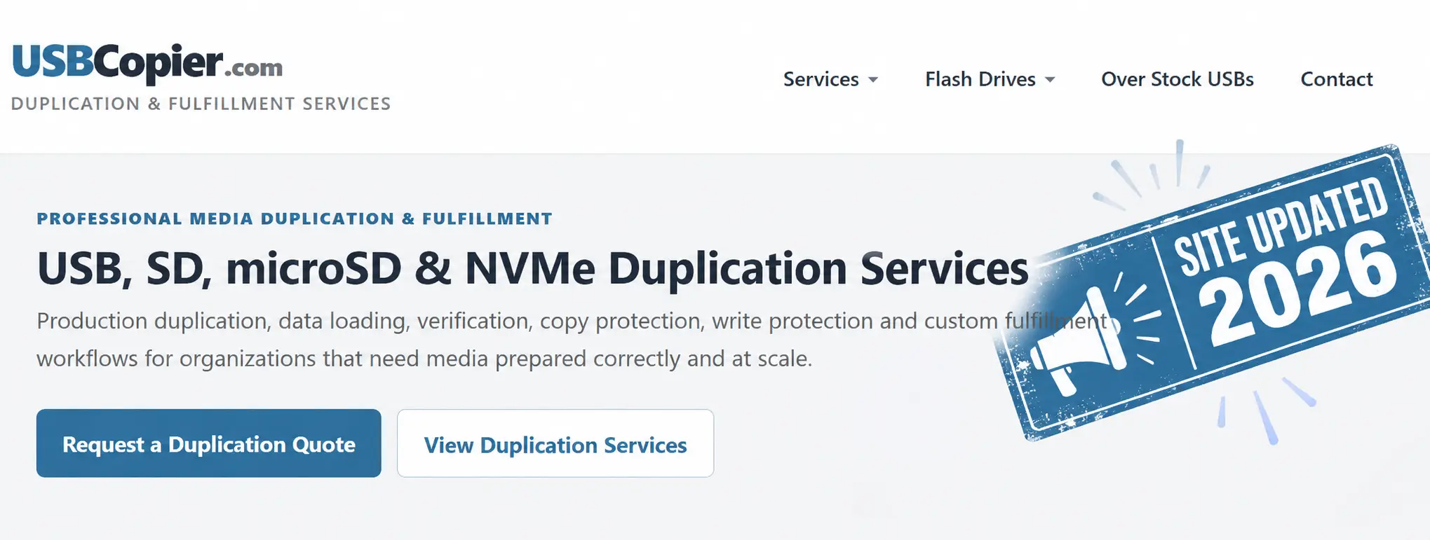 USB Copier 2026 website update featuring expanded USB, SD, microSD and NVMe duplication and fulfillment services