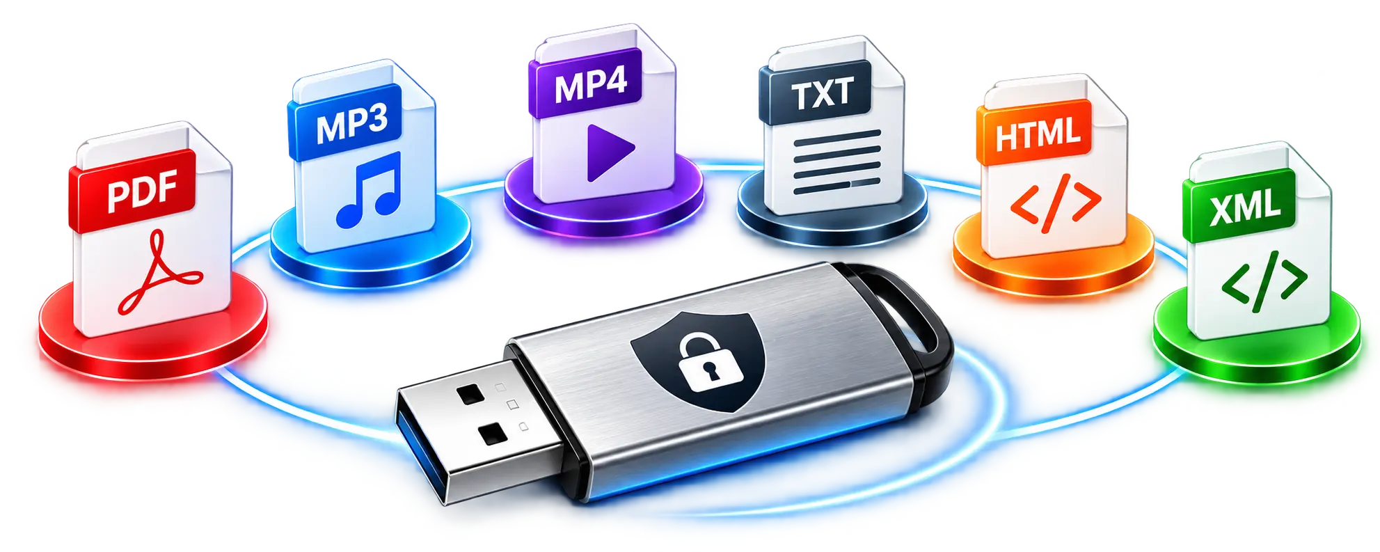USB copy protection supported file formats including PDF, MP3, MP4, TXT, HTML and XML